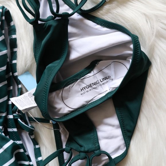 NEW Green White Stripe Strappy Bikini Set Size Medium - Picture 5 of 9